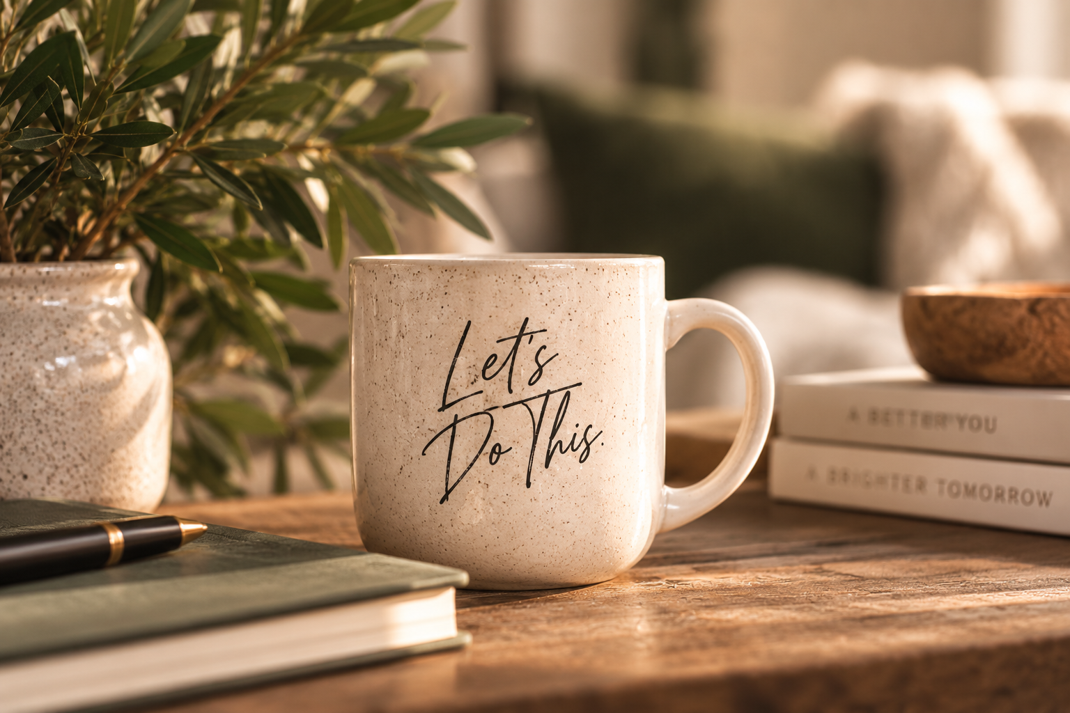 Cream mug reading Let's Do This beside notebook and olive greenery