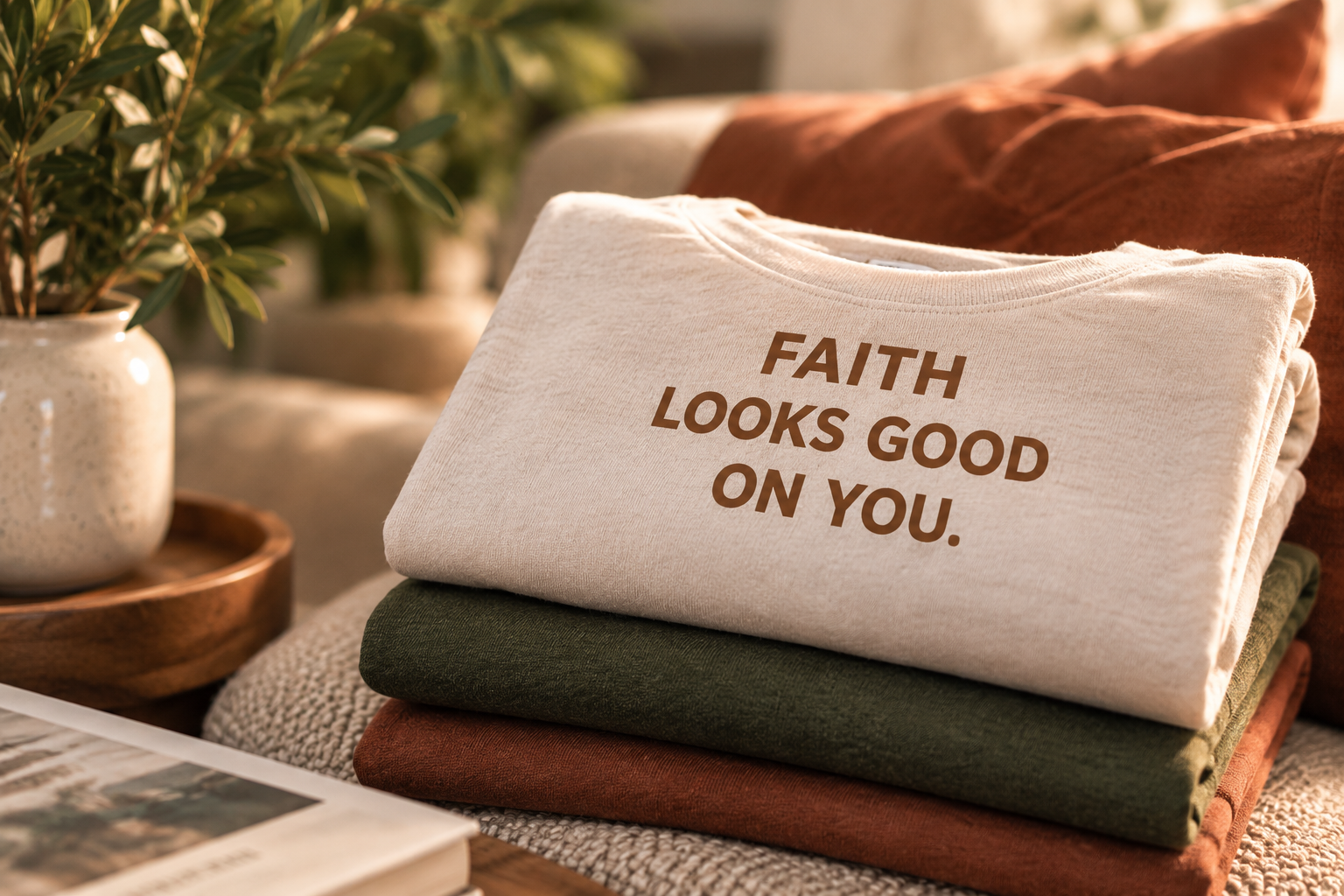 Folded faith-inspired shirts in warm neutral, olive and rust tones