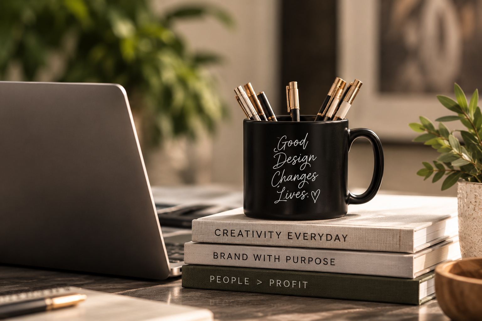 Creative workspace with laptop, black mug and design books